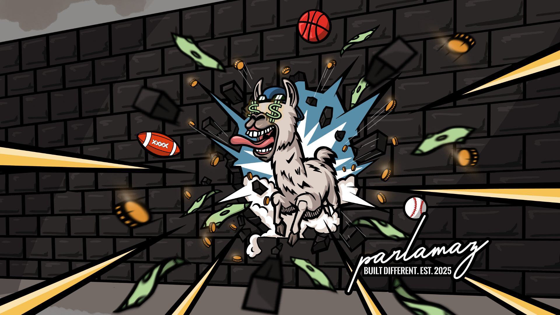 Parlamaz aggressive llama mascot smashing through dark wall — black variant header for sports betting brand